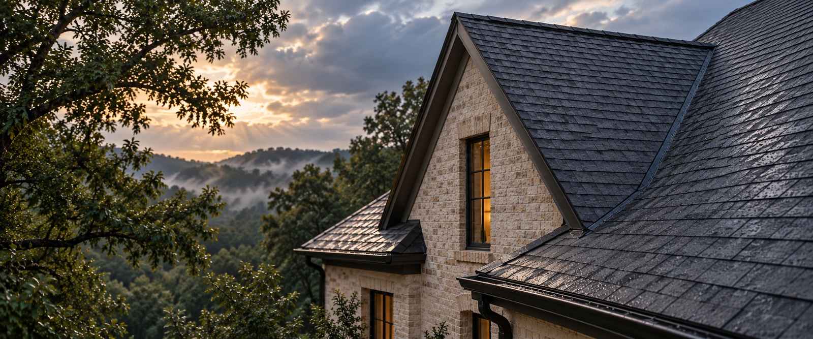 A brick house with a dark shingle roof and gutters, wooded hills and a cloudy sunset behind it