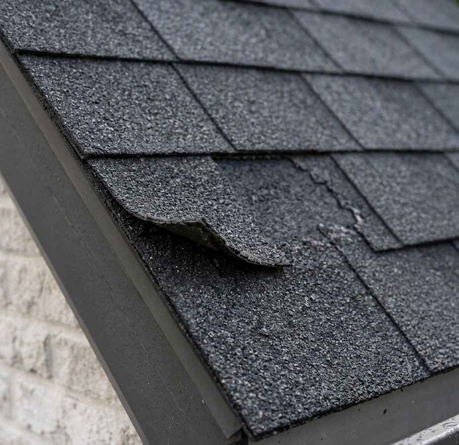 The same dark shingle roof edge over pale brick, one shingle tab curled up at its corner beside a bald patch where the granules have worn off