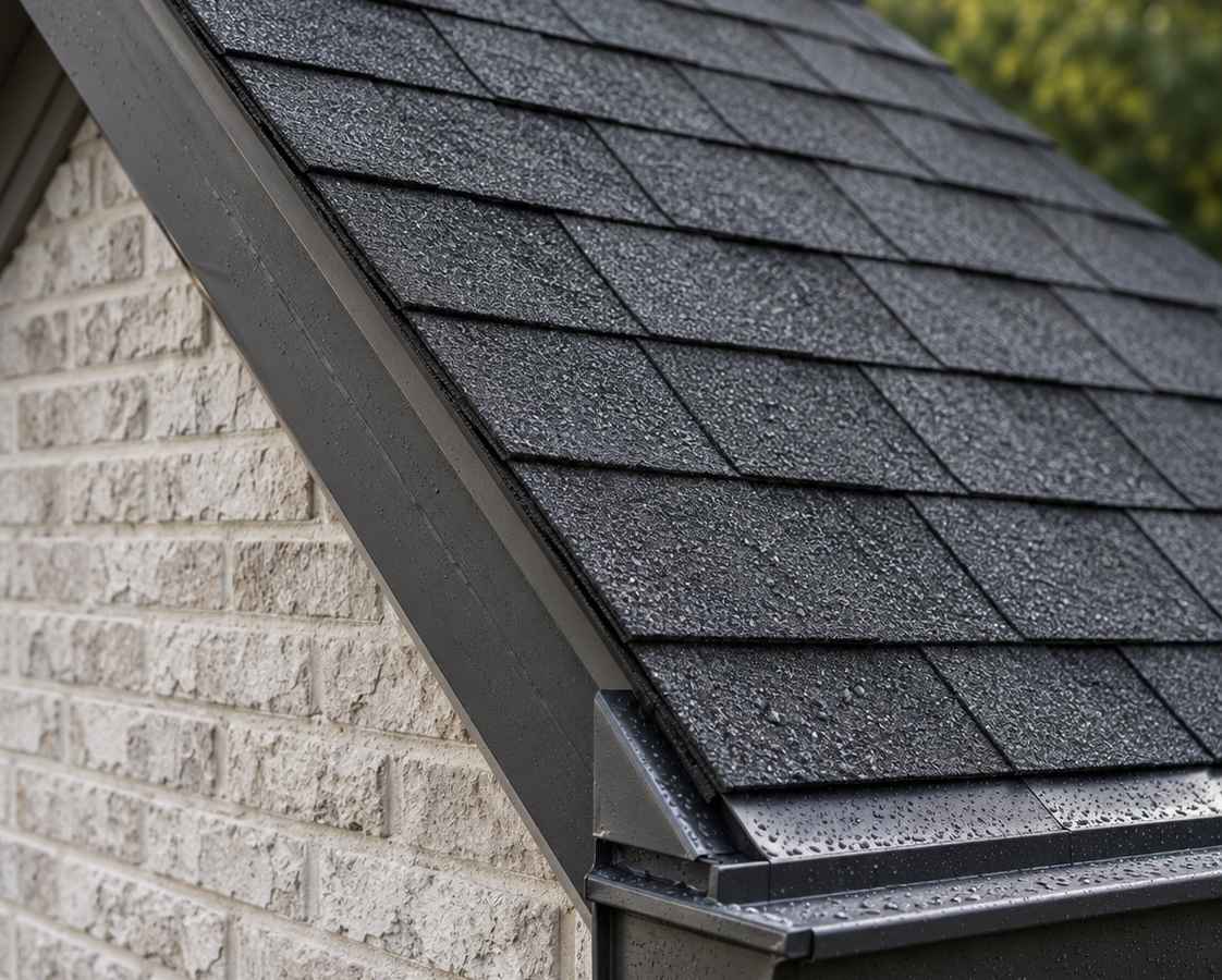 A close-up of a dark shingle roof edge meeting a brick wall, with a black gutter running along it